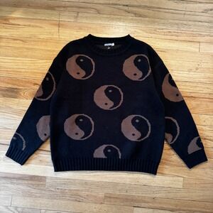 Earthbound Trading Co Yin Yang Knit‎ Sweater Black Brown Crewneck Mens Small